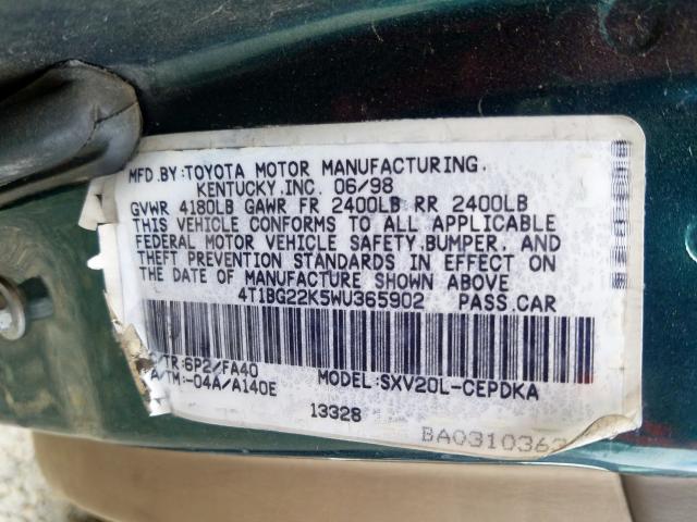 4T1BG22K5WU365902 - 1998 TOYOTA CAMRY CE  photo 10