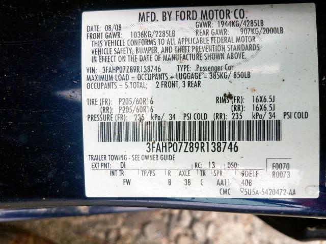 3FAHP07Z89R138746 - 2009 FORD FUSION SE  photo 10