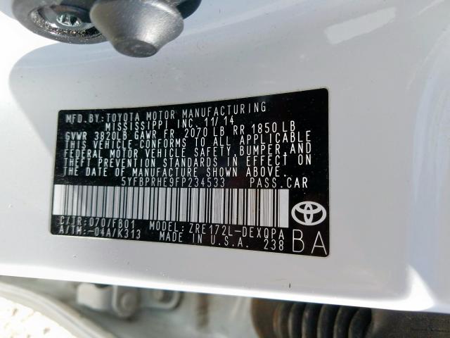 5YFBPRHE9FP234533 - 2015 TOYOTA COROLLA ECO  photo 10