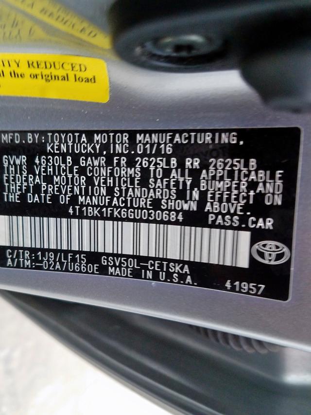 4T1BK1FK6GU030684 - 2016 TOYOTA CAMRY XSE  photo 10