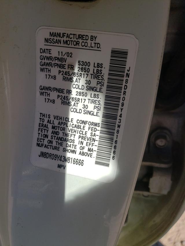 JN8DR09Y43W816666 - 2003 NISSAN PATHFINDER LE 白色 照片 10