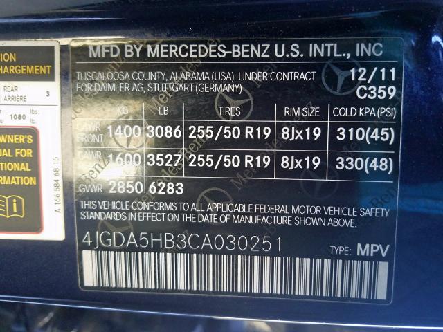 4JGDA5HB3CA030251 - 2012 MERCEDES-BENZ ML 350 4MATIC  photo 10