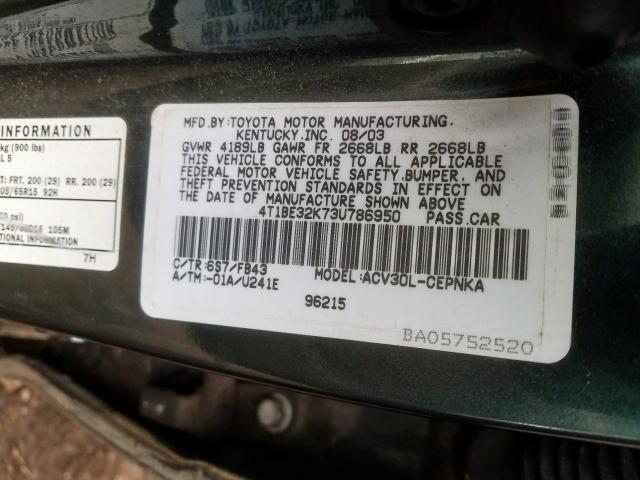 4T1BE32K73U786950 - 2003 TOYOTA CAMRY LE  photo 10