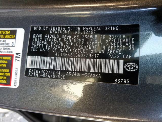 4T1BE46K68U779317 - 2008 TOYOTA CAMRY CE  photo 10