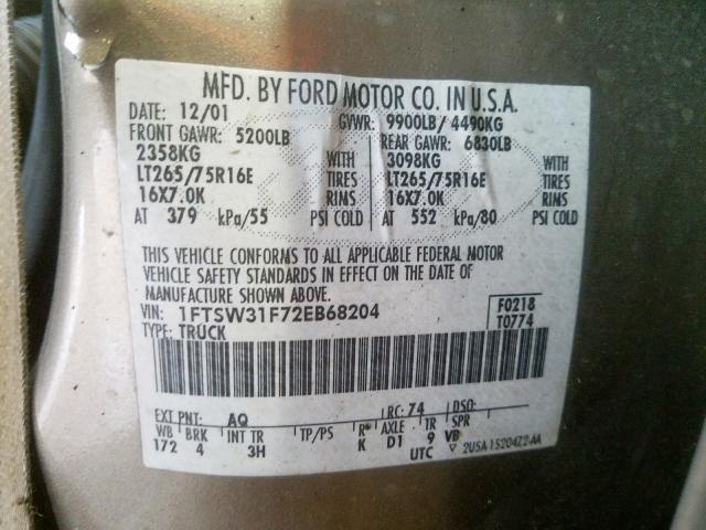 1FTSW31F72EB68204 - 2002 FORD F350 SRW SUPER DUTY  photo 10