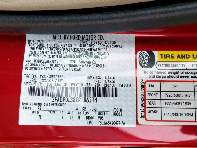 3FADP0L38CR186514 - 2012 FORD FUSION HYBRID  photo 10