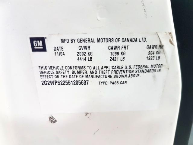 2G2WP522551205637 - 2005 PONTIAC GRAND PRIX  photo 10
