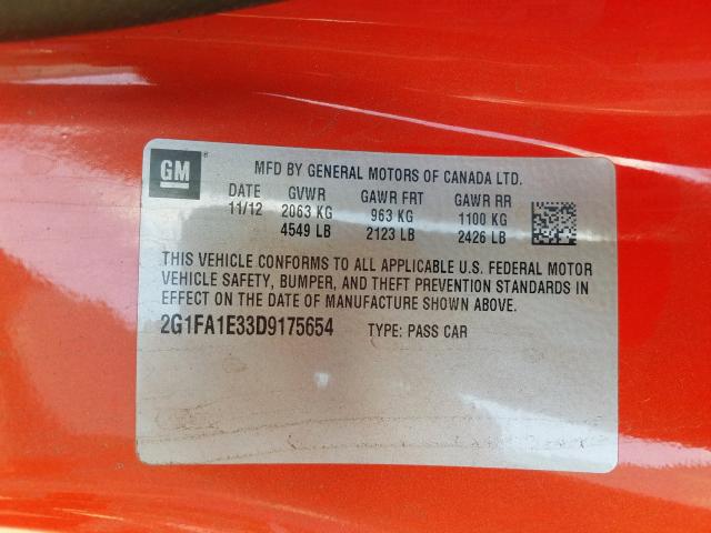 2G1FA1E33D9175654 - 2013 CHEVROLET chevrolet camaro 2ls  photo 10