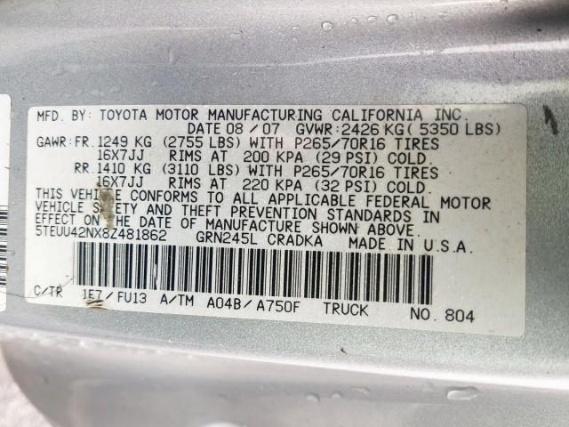 5TEUU42NX8Z481862 - 2008 TOYOTA TACOMA ACCESS CAB  ფოტო 10