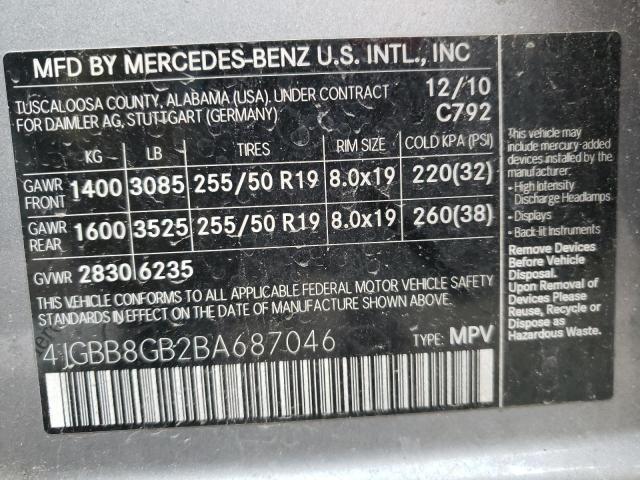 4JGBB8GB2BA687046 - 2011 MERCEDES-BENZ ML 350 4MATIC GRAY photo 10