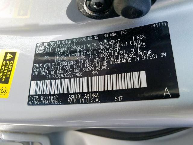 5TDZA3EH7CS021966 - 2012 TOYOTA HIGHLANDER BASE  photo 10