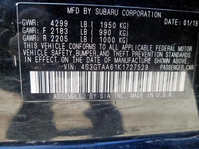 4S3GTAA61K1727529 - 2019 SUBARU IMPREZA  photo 10