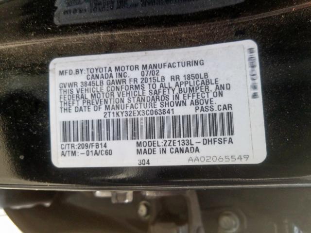 2T1KY32EX3C063841 - 2003 TOYOTA COROLLA MATRIX XRS  photo 10
