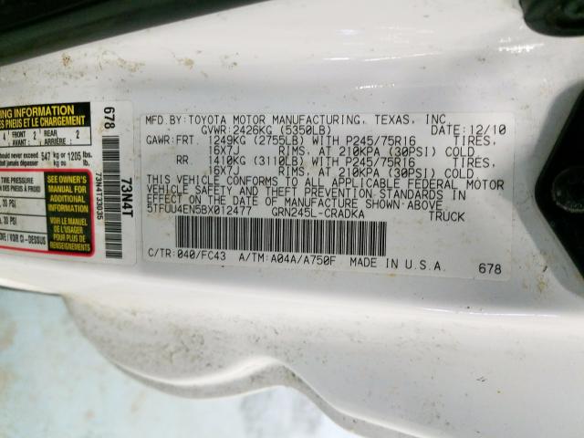 5TFUU4EN5BX012477 - 2011 TOYOTA TACOMA ACCESS CAB  ფოტო 10