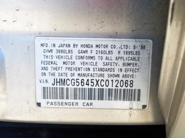 JHMCG5645XC012068 - 1999 HONDA ACCORD LX  photo 10