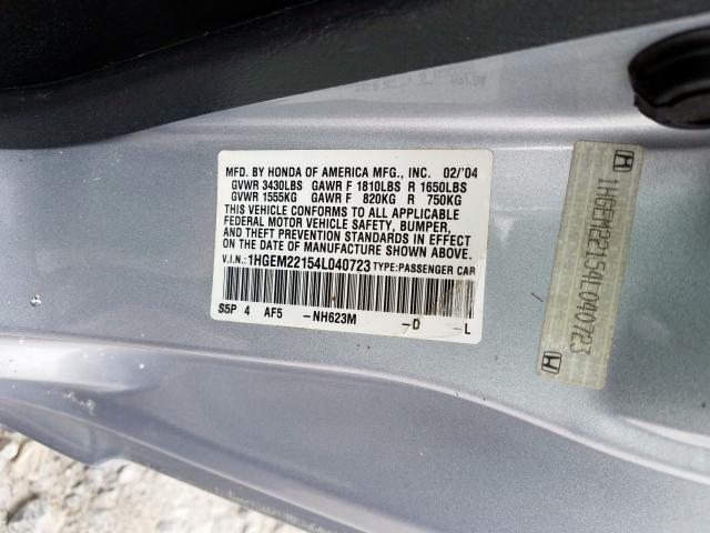 1HGEM22154L040723 - 2004 HONDA CIVIC DX VP  photo 10