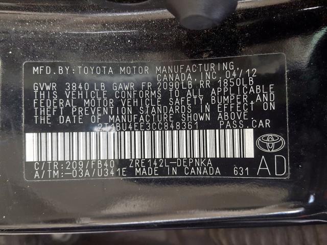 2T1BU4EE3CC848361 - 2012 TOYOTA COROLLA BASE  photo 10