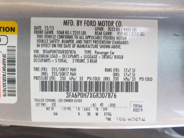 3FA6P0H7XGR307876 - 2016 FORD FUSION SE  photo 10