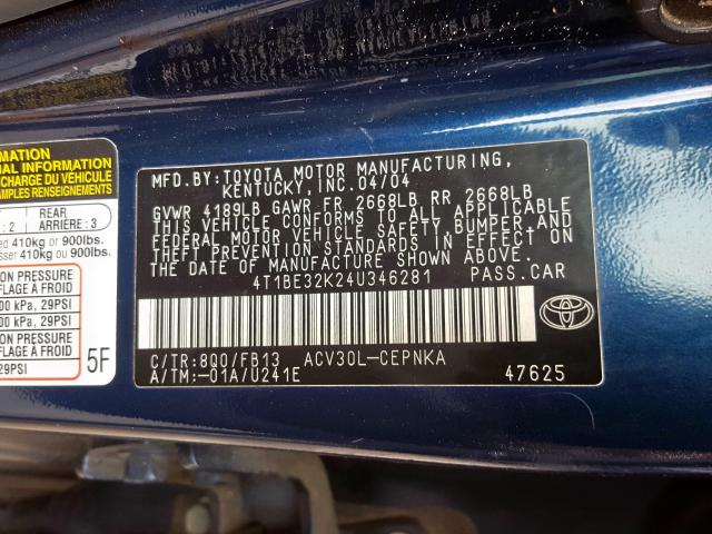 4T1BE32K24U346281 - 2004 TOYOTA CAMRY LE  photo 10