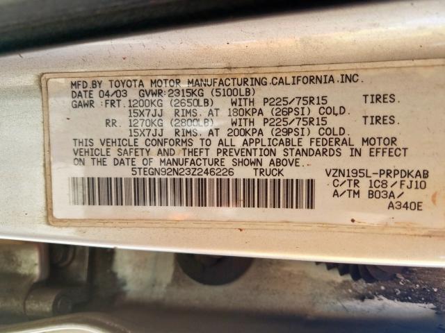 5TEGN92N23Z246226 - 2003 TOYOTA TACOMA DOUBLE CAB PRERUNNER  photo 10