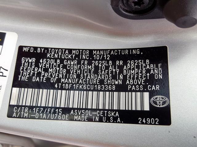 4T1BF1FK6CU183368 - 2012 TOYOTA CAMRY BASE  photo 10