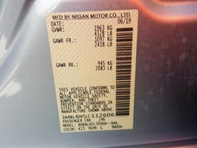 1N4BL4DV5LC112606 - 2020 NISSAN ALTIMA SV  photo 10