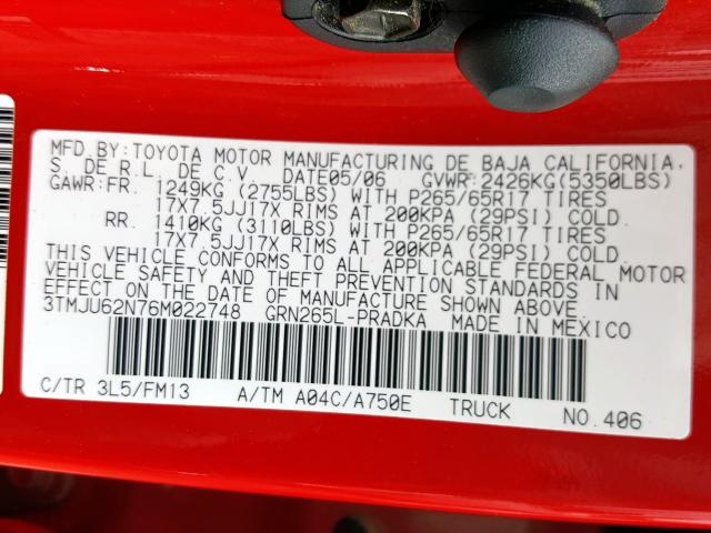 3TMJU62N76M022748 - 2006 TOYOTA TACOMA DOUBLE CAB PRERUNNER  photo 10