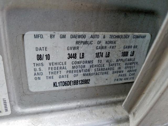 KL1TD6DE1BB135982 - 2011 CHEVROLET AVEO LS  ფოტო 10