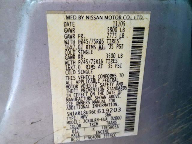 5N1AR18U36C619203 - 2006 NISSAN PATHFINDER LE  ფოტო 10