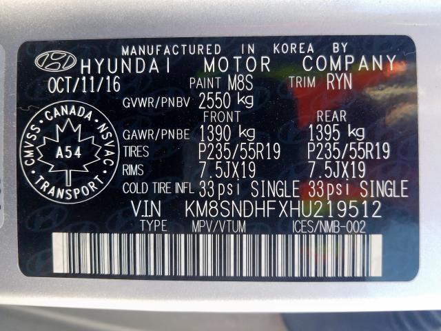 KM8SNDHFXHU219512 - 2017 HYUNDAI SANTA FE SE  photo 10