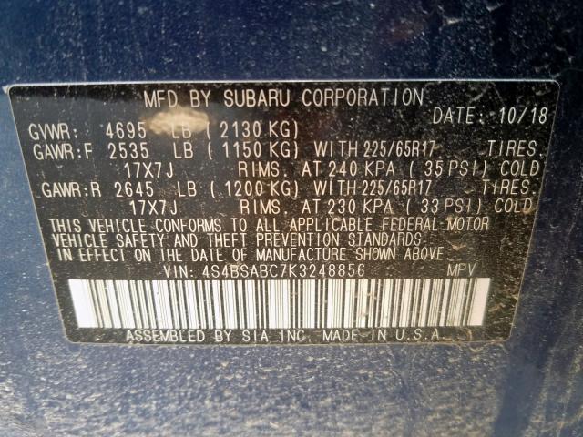 4S4BSABC7K3248856 - 2019 SUBARU OUTBACK 2.5I  photo 10