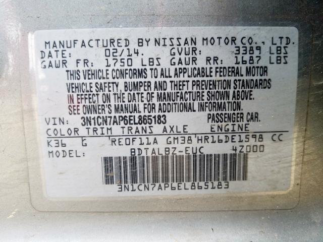 3N1CN7AP6EL865183 - 2014 NISSAN VERSA S  photo 10