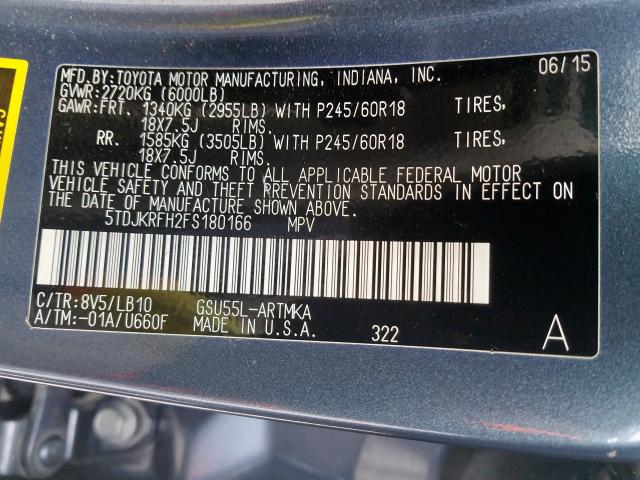 5TDJKRFH2FS180166 - 2015 TOYOTA HIGHLANDER XLE  ფოტო 10