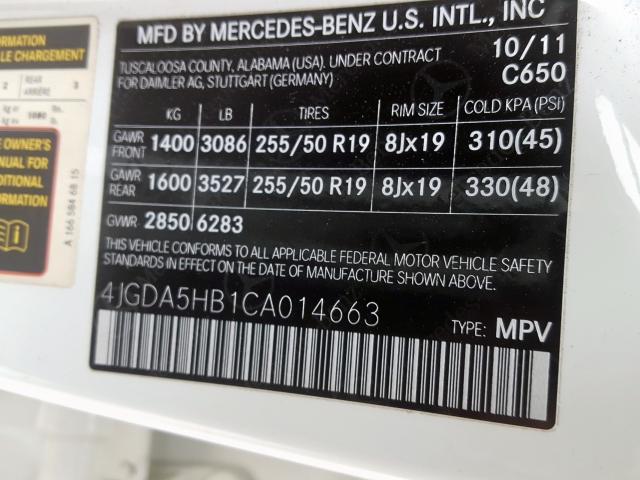 4JGDA5HB1CA014663 - 2012 MERCEDES-BENZ ML 350 4MATIC  photo 10