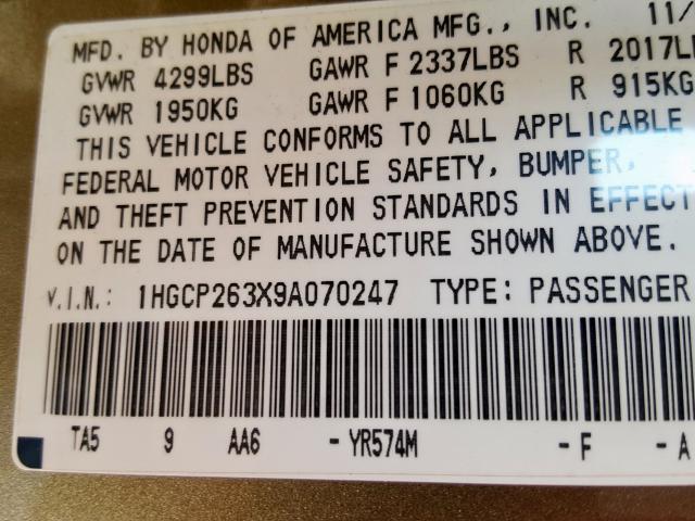 1HGCP263X9A070247 - 2009 HONDA ACCORD LX  photo 10