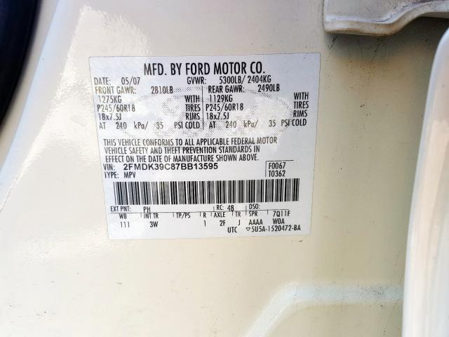 2FMDK39C87BB13595 - 2007 FORD EDGE SEL PLUS  photo 10