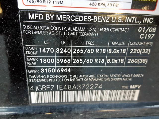 4JGBF71E48A372274 - 2008 MERCEDES-BENZ GL 450 4MATIC  photo 10