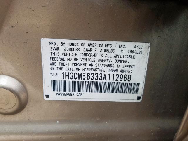 1HGCM56333A112968 - 2003 HONDA ACCORD LX  photo 10