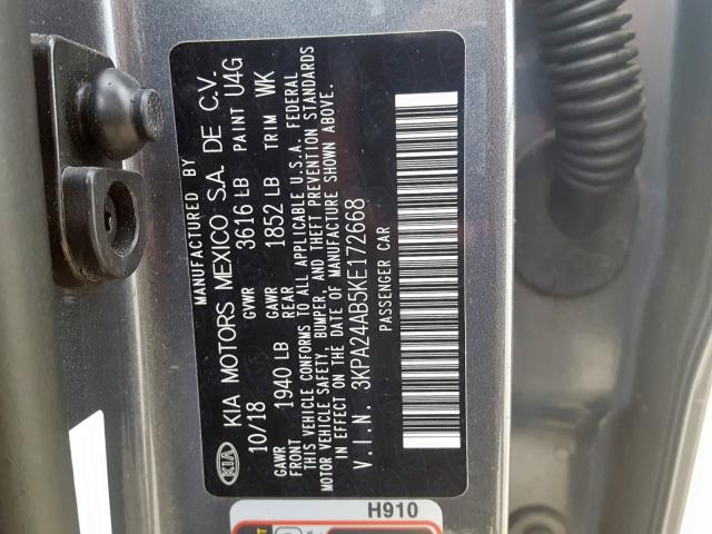 3KPA24AB5KE172668 - 2019 KIA RIO S  photo 10