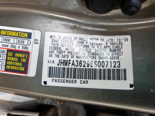 JHMFA36296S007123 - 2006 HONDA CIVIC HYBRID  photo 10