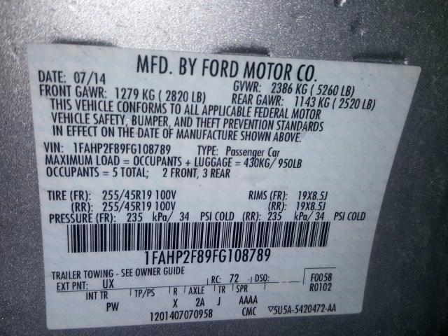 1FAHP2F89FG108789 - 2015 FORD TAURUS LIMITED  photo 10