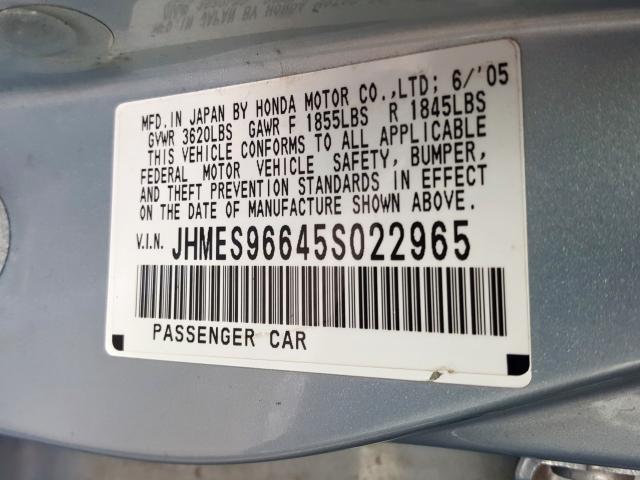 JHMES96645S022965 - 2005 HONDA CIVIC HYBRID  photo 10