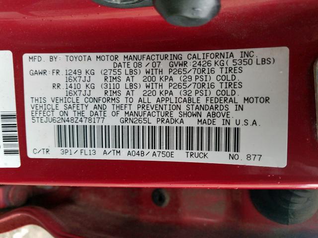 5TEJU62N48Z478177 - 2008 TOYOTA TACOMA DOUBLE CAB PRERUNNER  photo 10