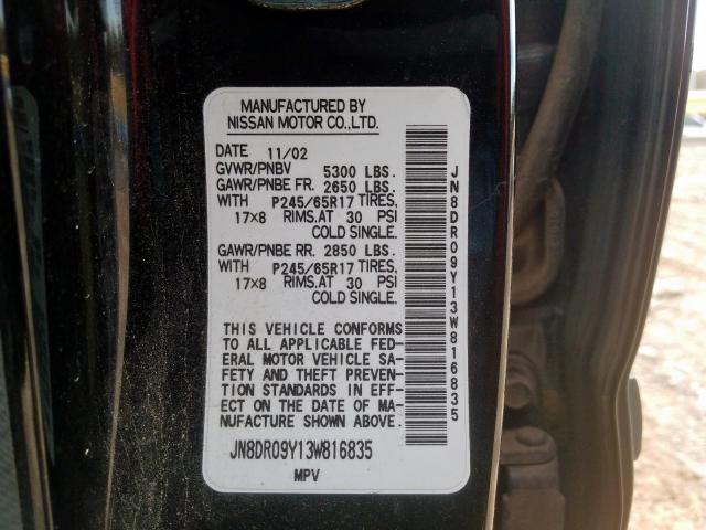 JN8DR09Y13W816835 - 2003 NISSAN PATHFINDER LE  ფოტო 9