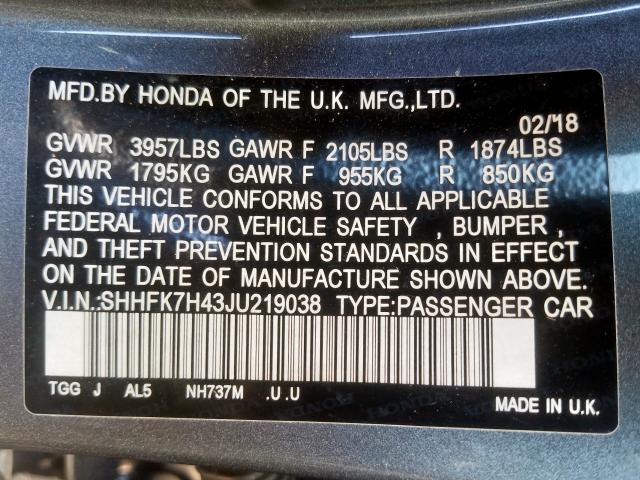 SHHFK7H43JU219038 - 2018 HONDA CIVIC SPORT  foto 10