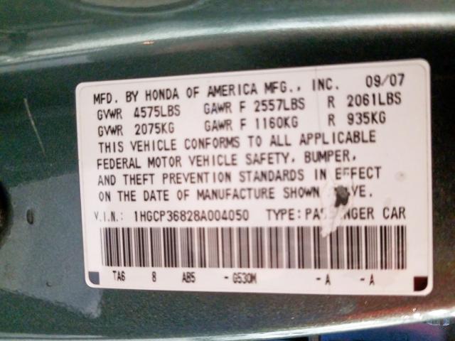 1HGCP36828A004050 - 2008 HONDA ACCORD EXL  photo 10