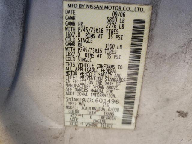 5N1AR18U77C601496 - 2007 NISSAN PATHFINDER LE 银色 照片 10