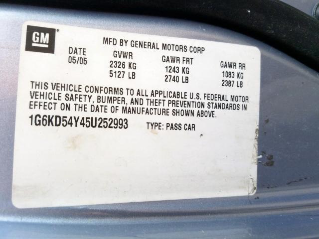 1G6KD54Y45U252993 - 2005 CADILLAC DEVILLE  photo 10