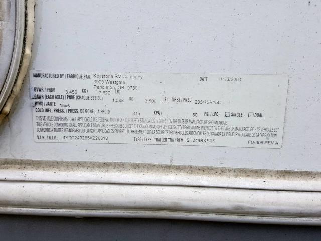 4YDT249265K220318 - 2005 KEYSTONE SPRINTER  ფოტო 10