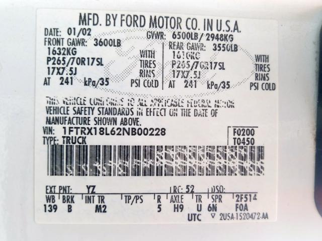 1FTRX18L62NB00228 - 2002 FORD F150  photo 10